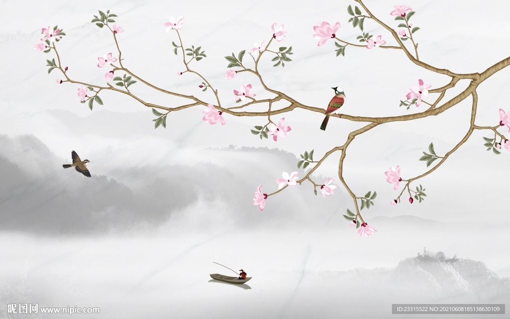 新中式山水鸟语花香背景墙
