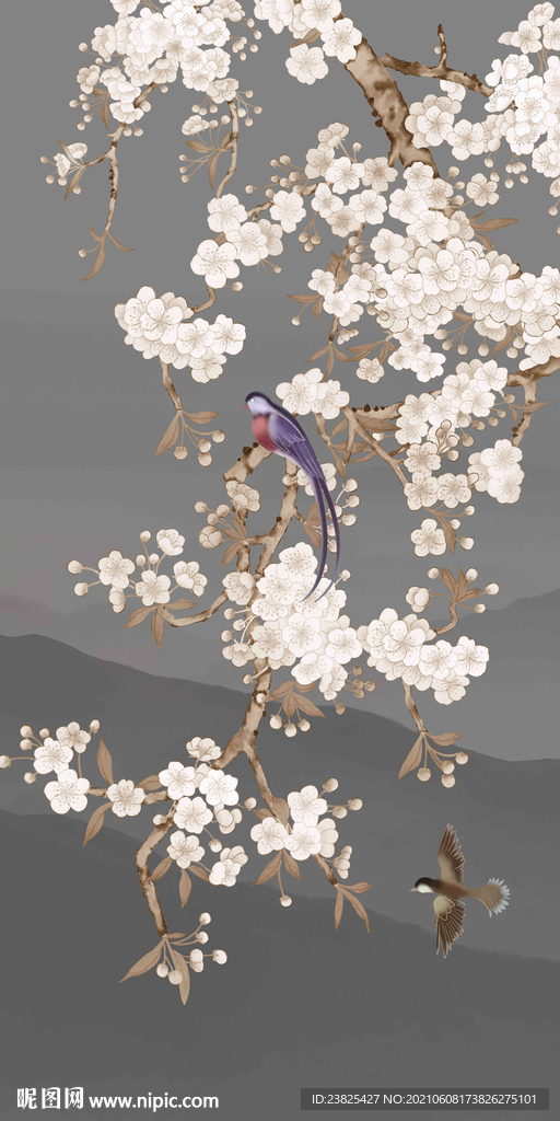 新中式玉兰花鸟玄关背景墙