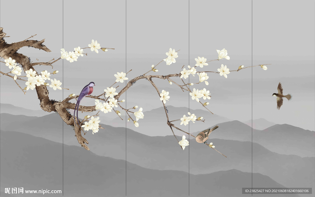 新中式工笔玉兰花鸟电视背景墙