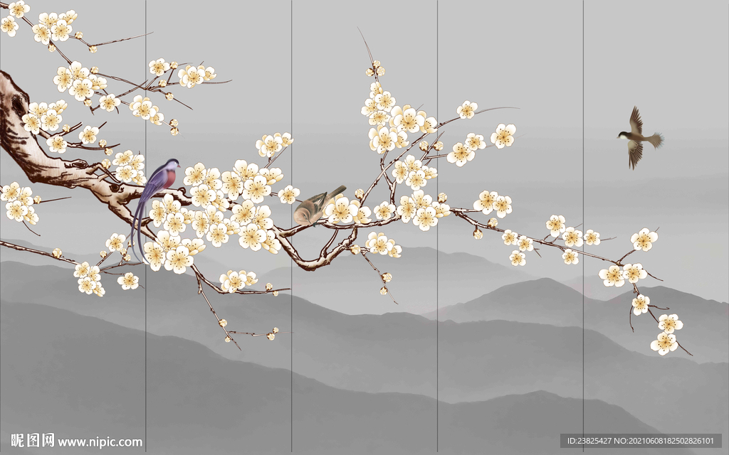 新中式手绘玉兰花鸟电视背景墙