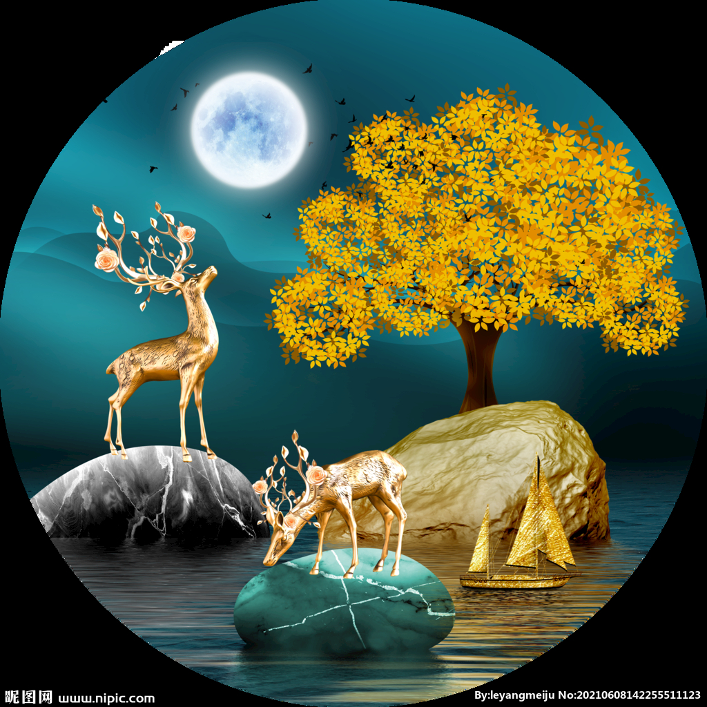月光下的麋鹿与发财树