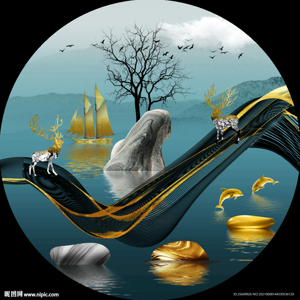 圆形装饰画麋鹿海豚