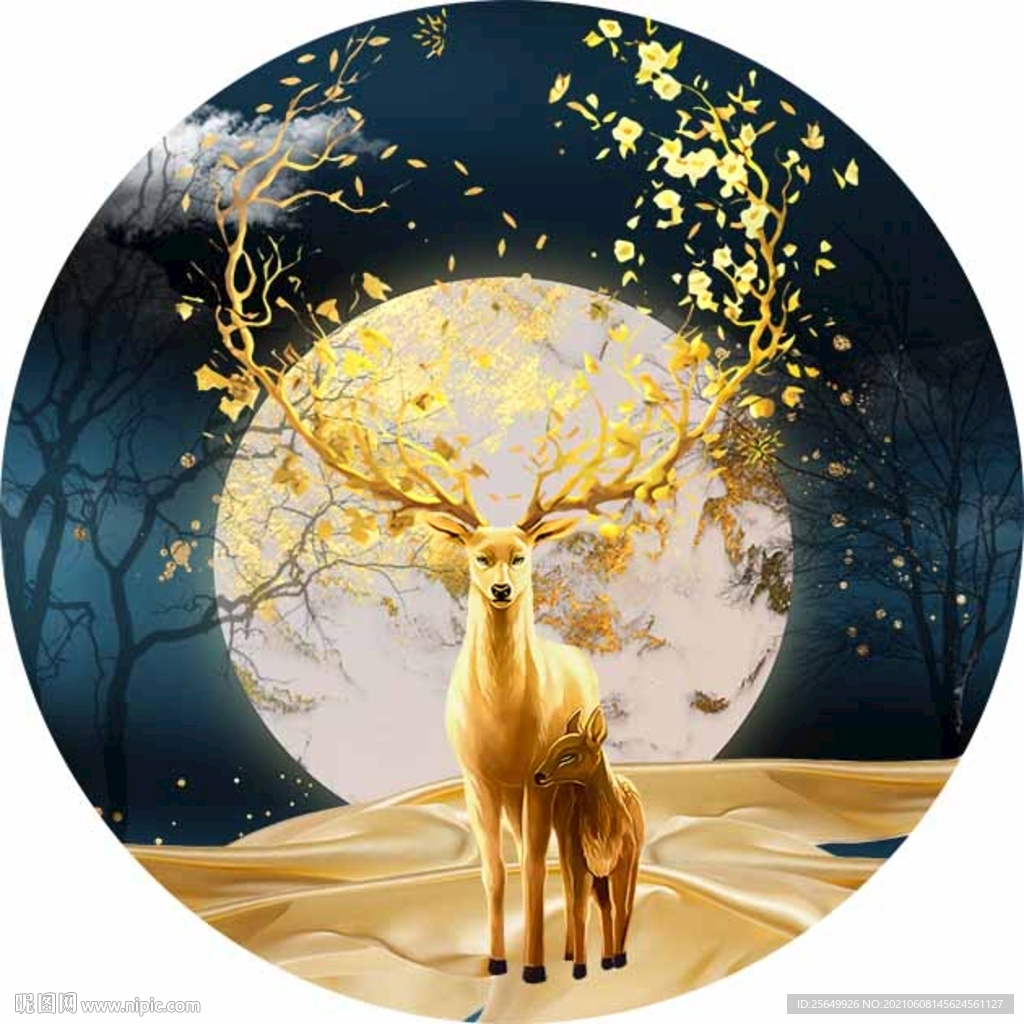 福禄双全 麋鹿 月光