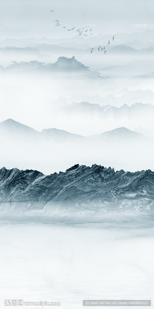 别墅新中式山水 文件分层画 