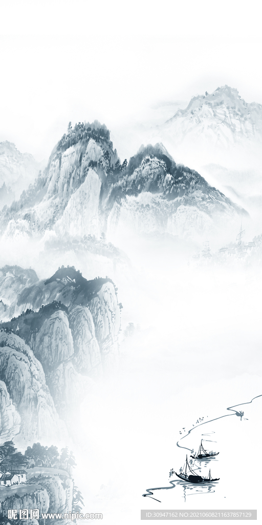 高档新中式山水 文件分层画 