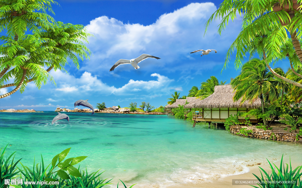 海边海鸥椰树背景墙