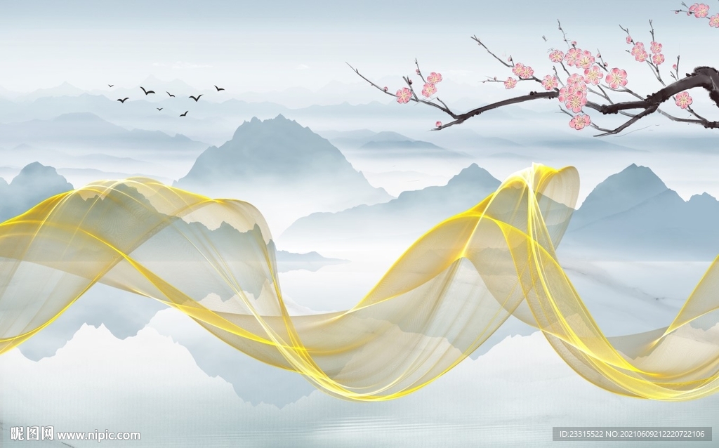 梅花曲线抽象中式背景墙