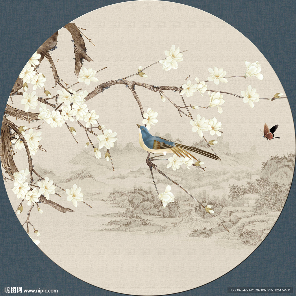 新中式手绘工笔玉兰花鸟装饰画
