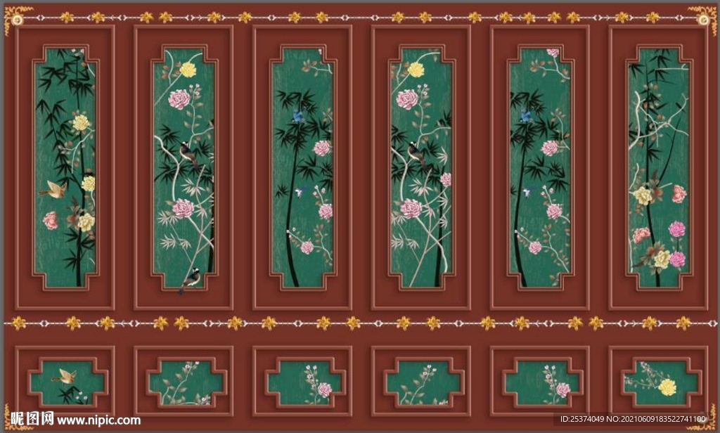 绿色大型新中式 花鸟 背景墙 