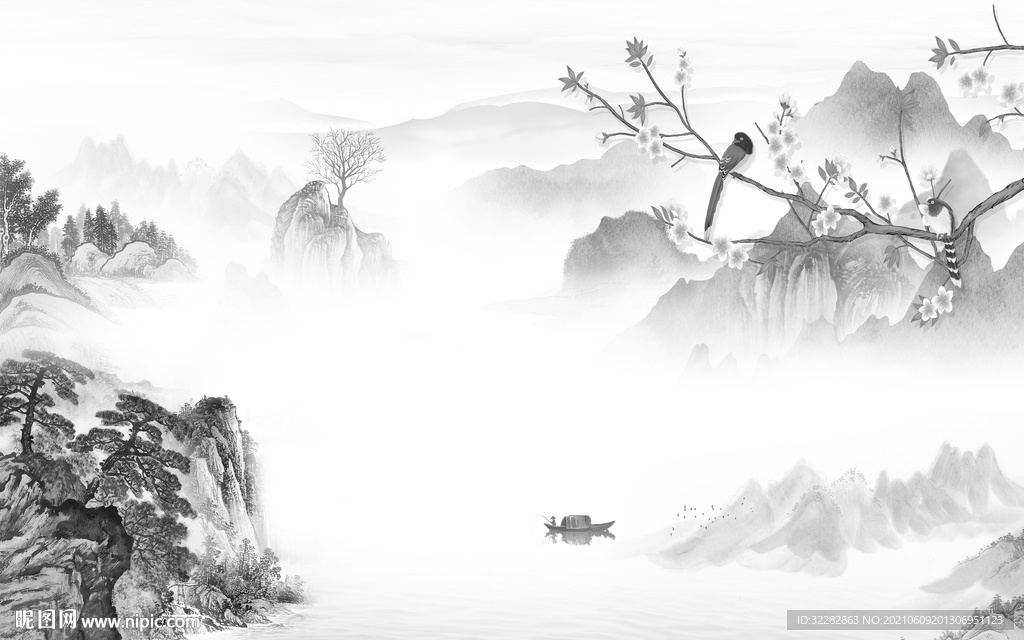 无框画高端风格山水 文件分层 