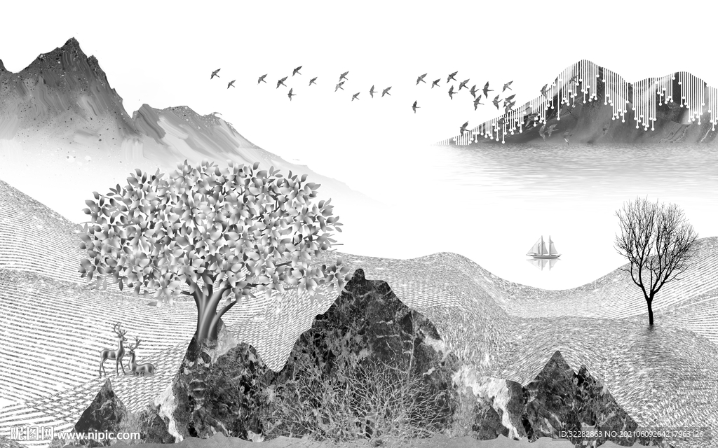 中式大气风格山水 文件分层 