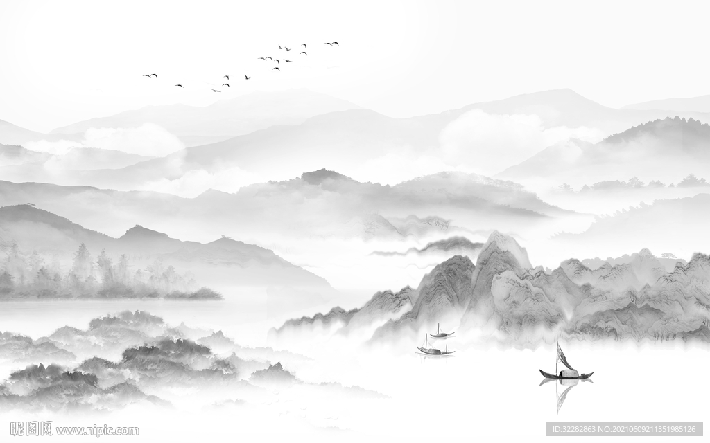 无框画中式风格山水 文件分层 