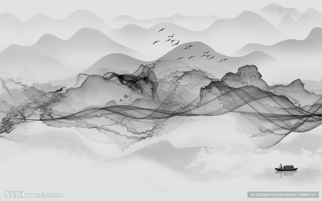 线条 中式风格山水 文件分层 