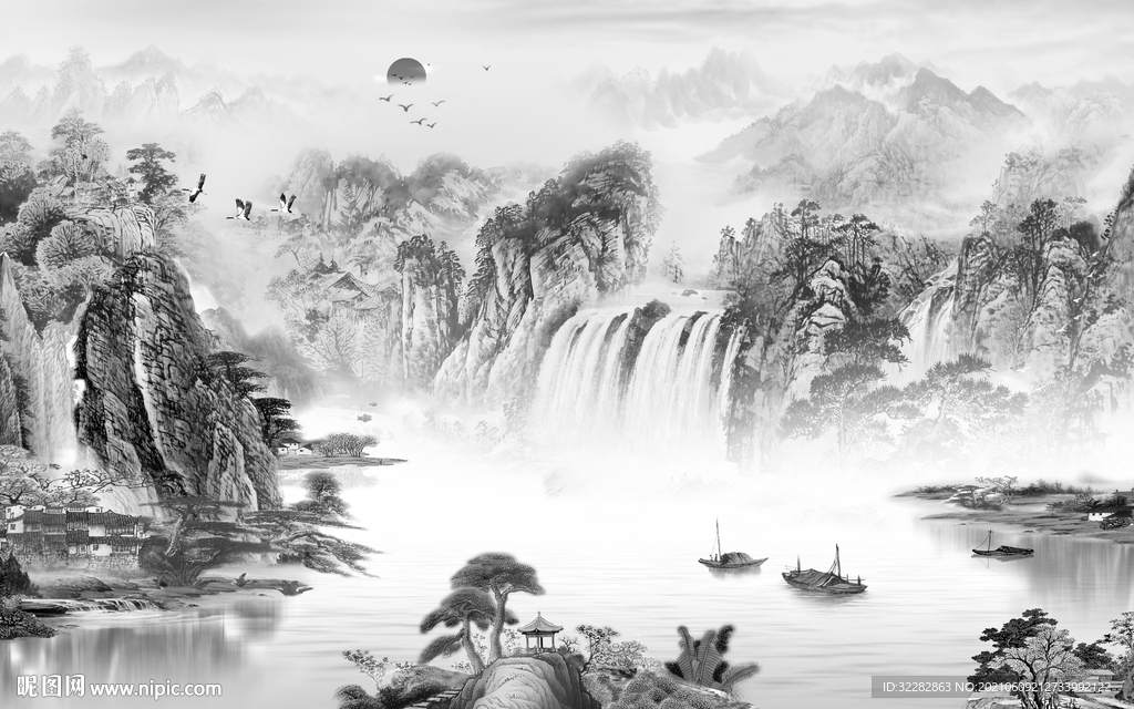 最新中式风格山水 文件分层 