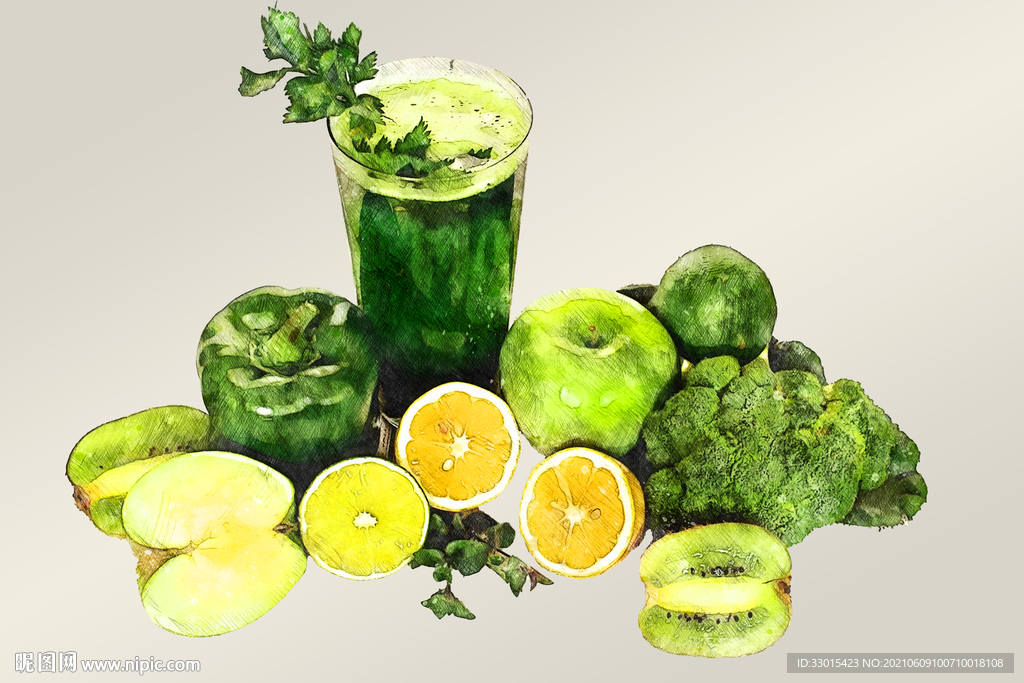 一组绿色蔬菜水果手绘效果插画