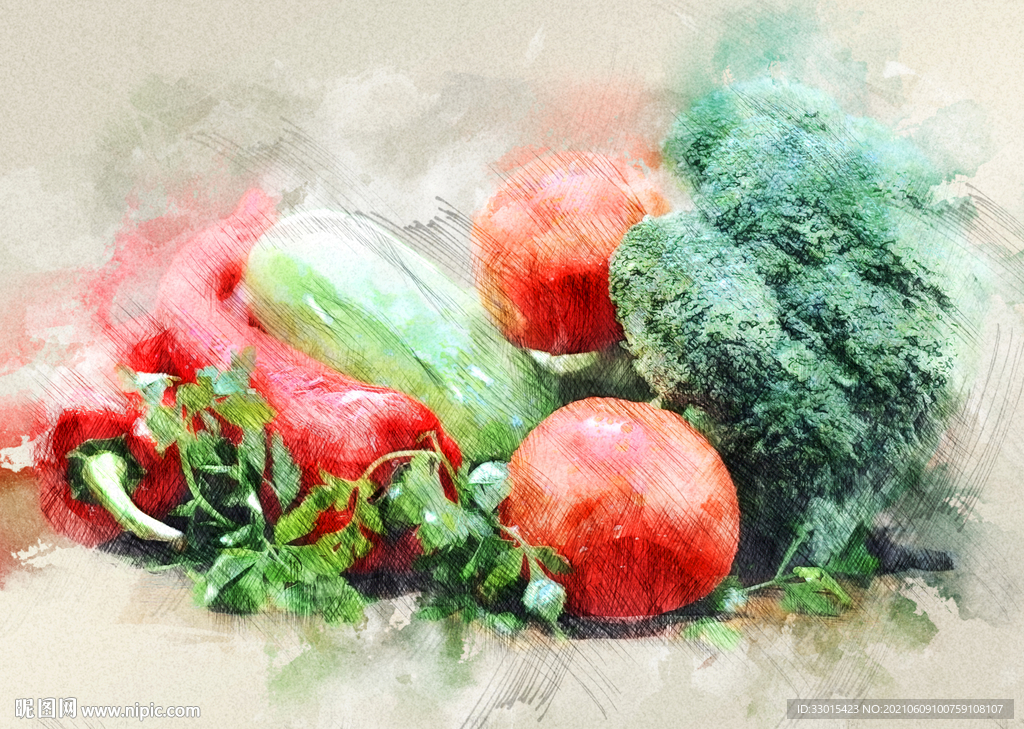一组水果蔬菜照片手绘插画效果