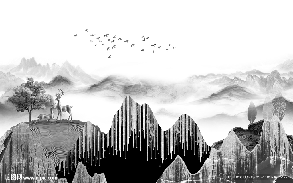 酒店灰色墙画山水 TIF分层