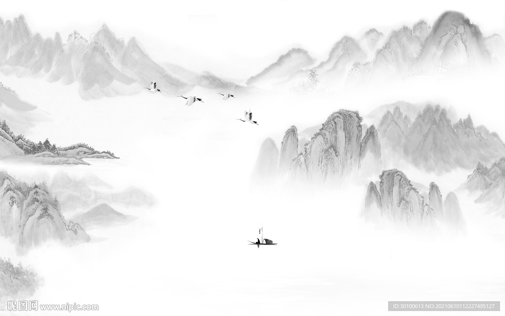 高档灰色墙画山水 TIF分层