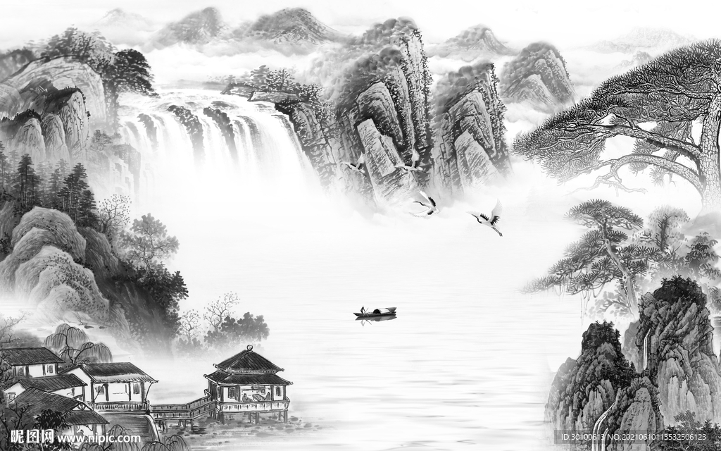 简约灰色墙画山水 TIF分层