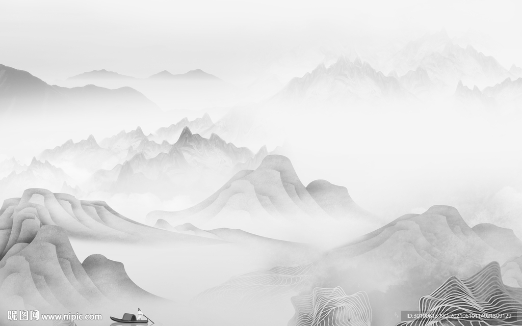 高清 灰色墙画山水 TIF分层