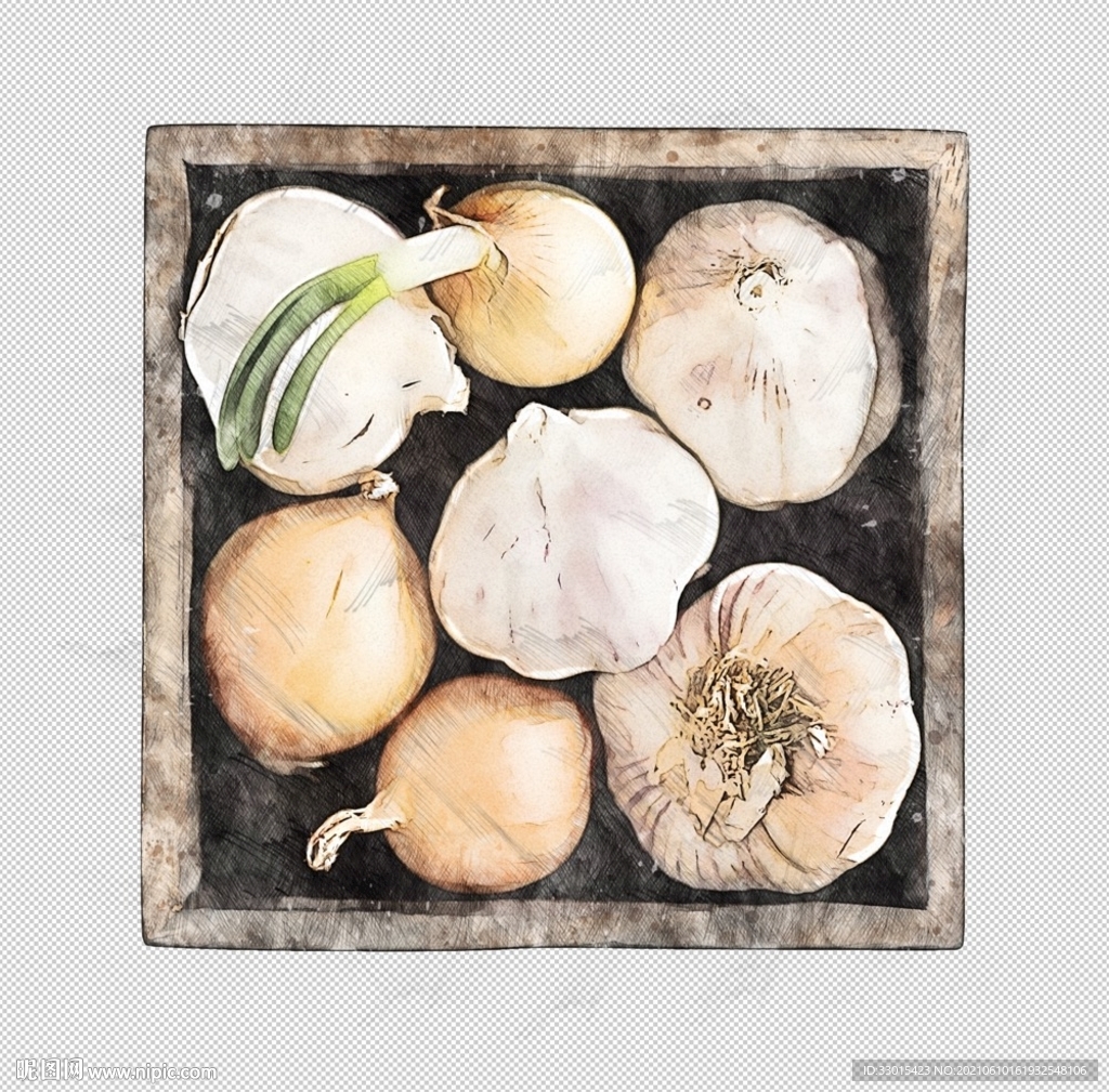 一盘大蒜和洋葱手绘免扣素材海报