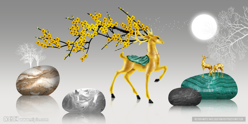 装饰画 晶瓷画 麋鹿 石头 树