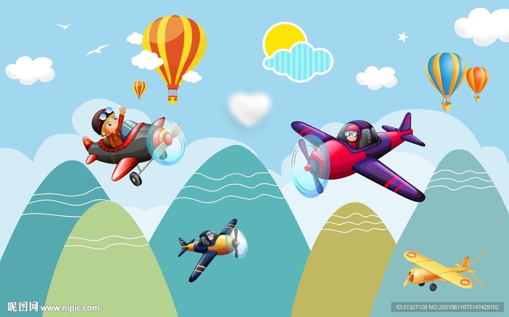 卡通儿童山峰小飞机背景墙