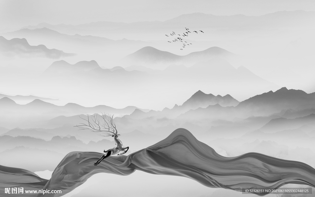 大气 客厅灰山水画 tif分层