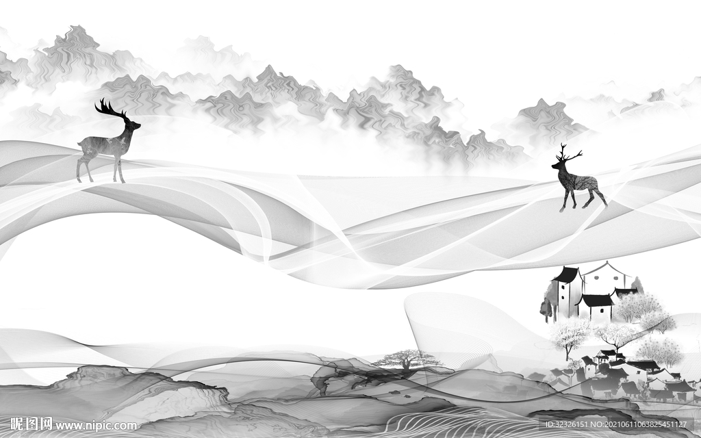 麋鹿山水灰色新画 TIF分层