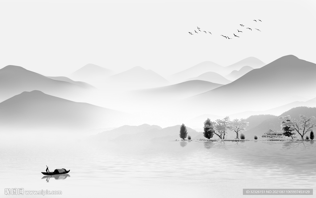 中式山水画灰色画 TIF分层