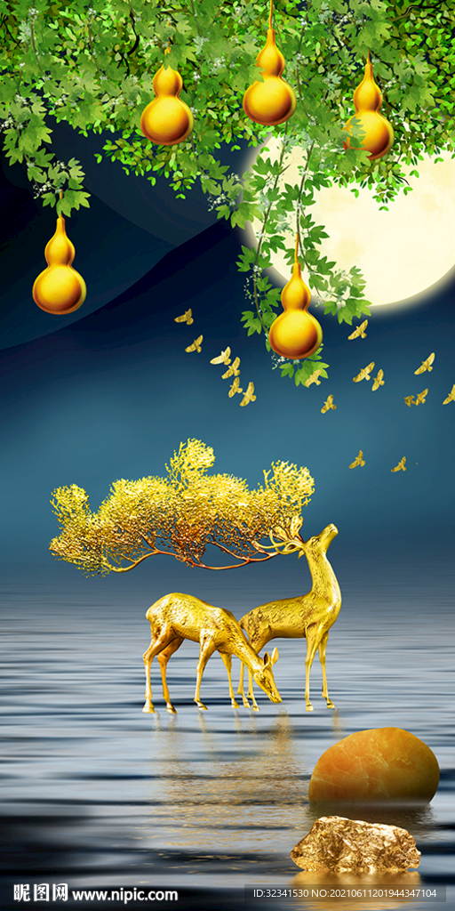 石来运转麋鹿山水葫芦玄关装饰画