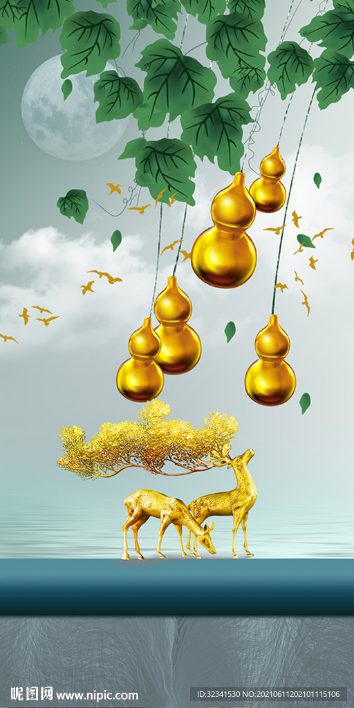 石来运转麋鹿山水葫芦玄关装饰画