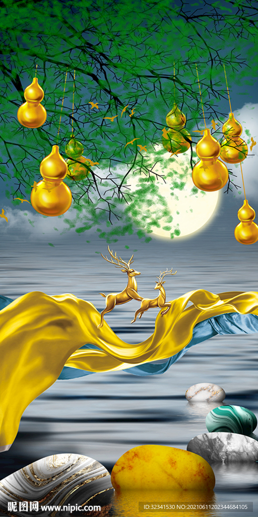 石来运转麋鹿山水葫芦玄关装饰画