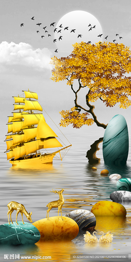 石来运转麋鹿山水玄关装饰画