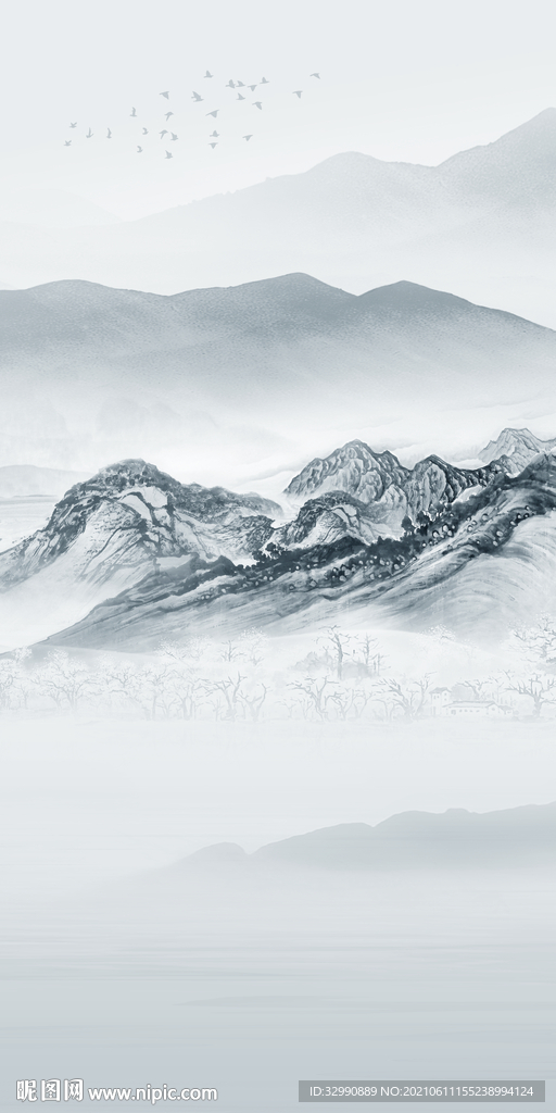 别墅山水新中式玄关画