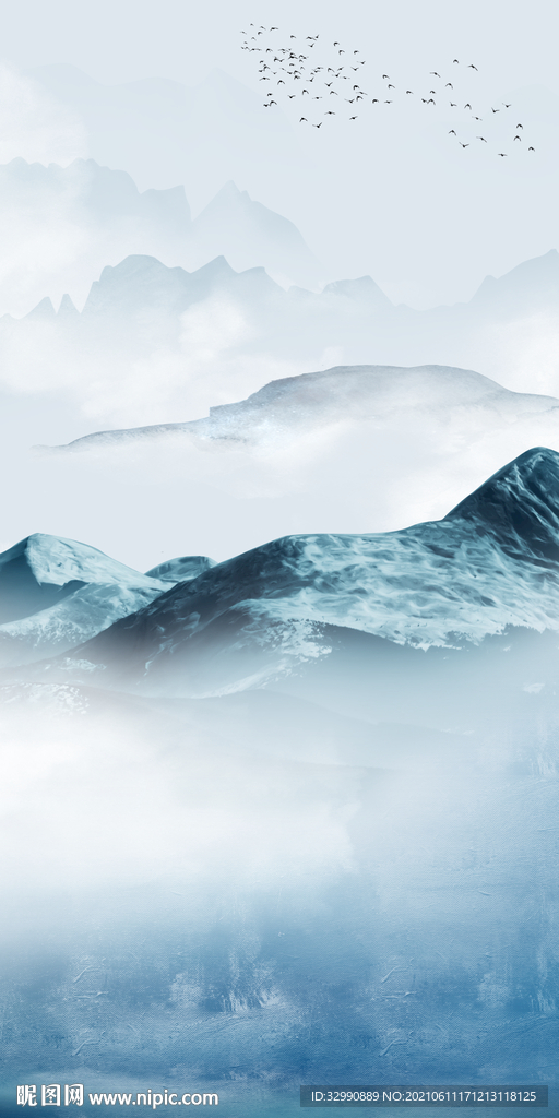 高清蓝色山水画 文件分层 