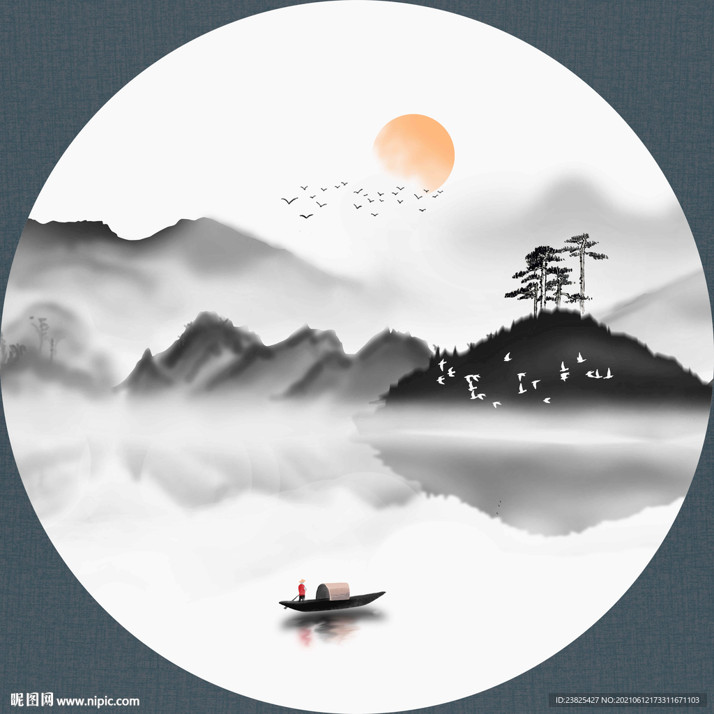 新中式抽象水墨山水圆形装饰画