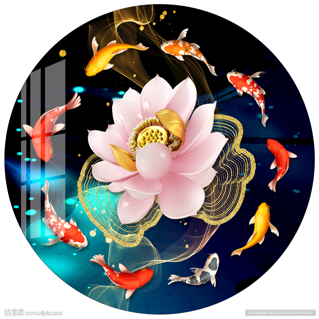 浮雕荷花九鱼图圆形装饰画