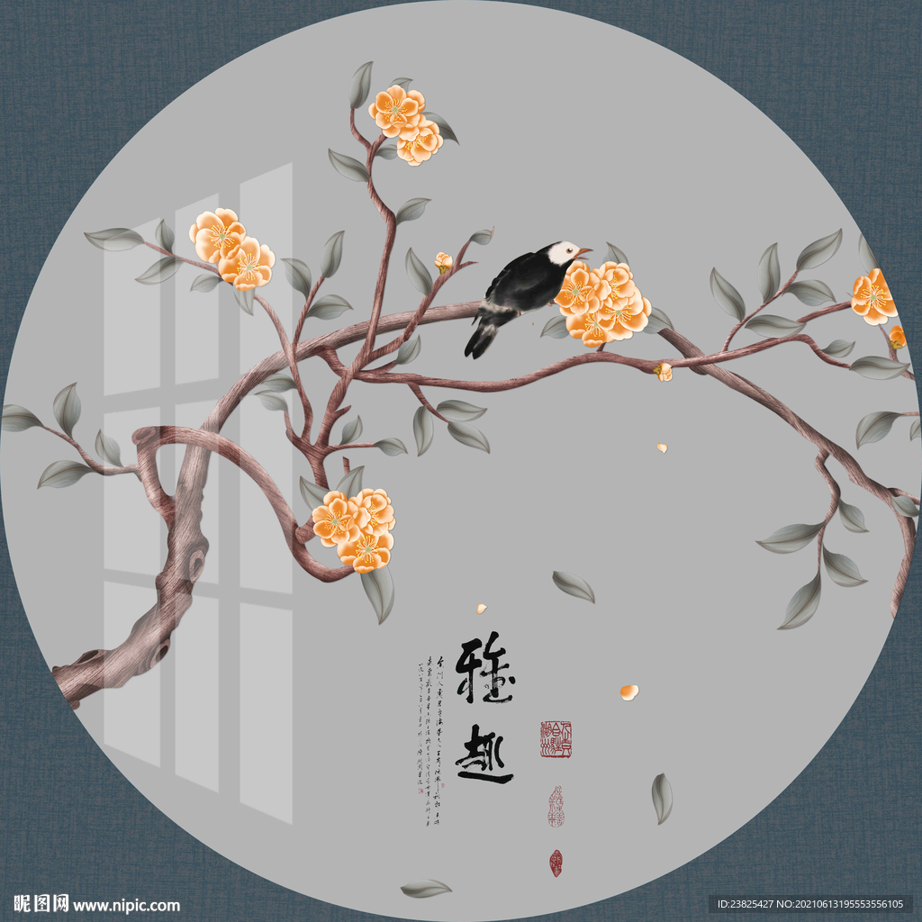 新中式手绘工笔花鸟圆形装饰画