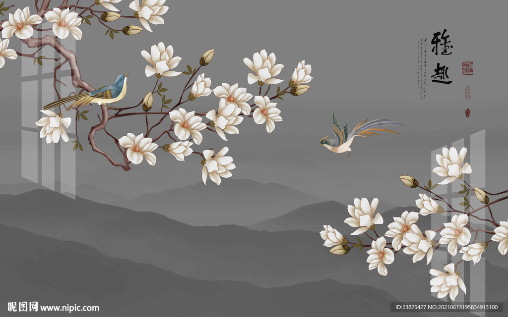 新中式手绘玉兰花鸟山水电视背景