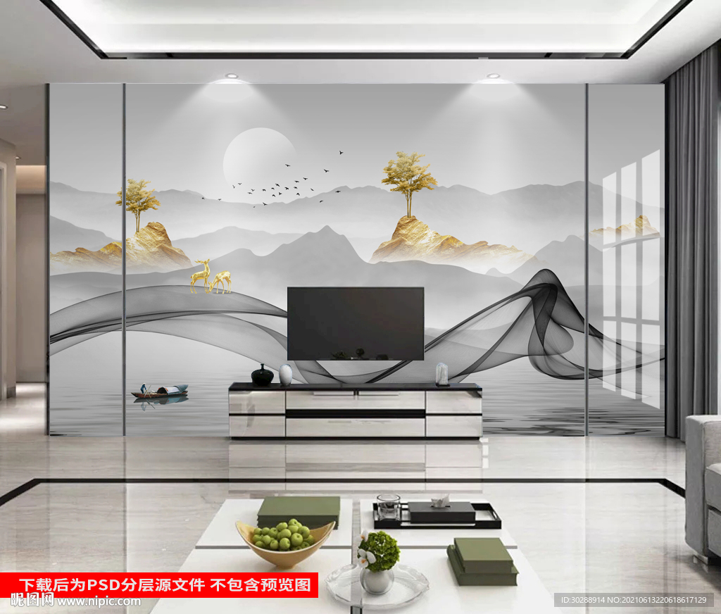 中式山水大理石爵士白电视背景墙