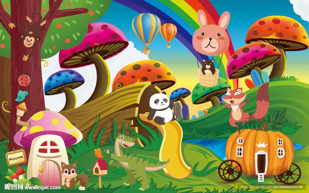 童话卡通动物森林背景墙壁画