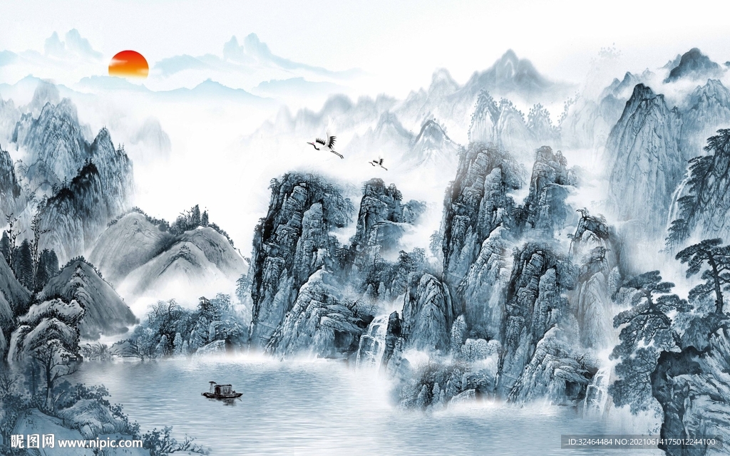 高端蓝色山水装饰画
