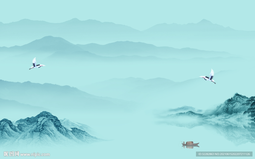 蓝色简约风山水画 文件分层 