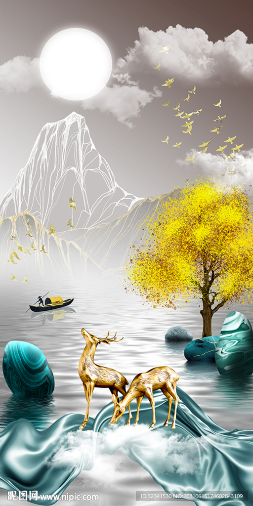 石来运转麋鹿山水玄关装饰画