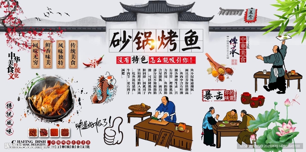 砂锅烤鱼背景墙
