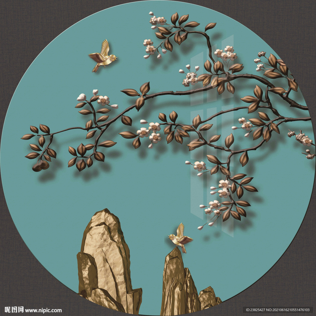 新中式手绘工笔花鸟圆形装饰画