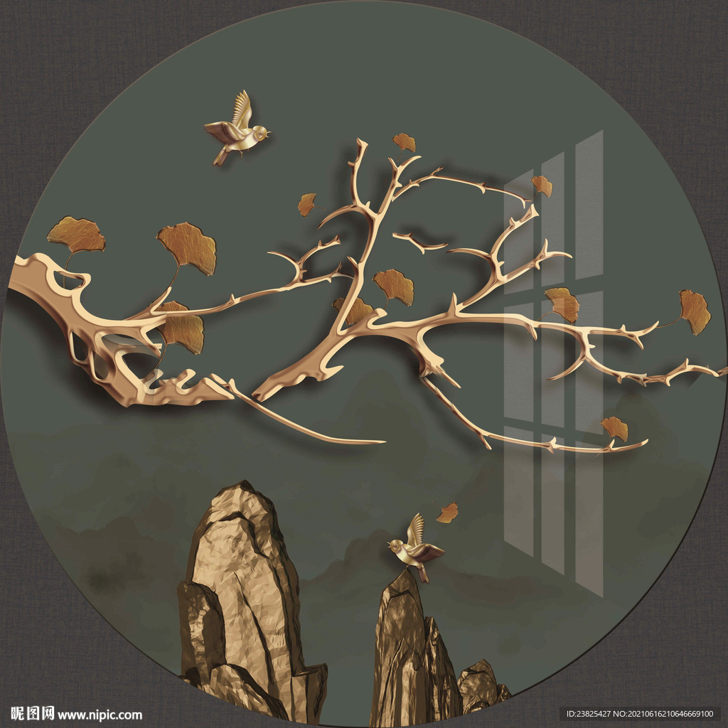 新中式手绘工笔花鸟圆形装饰画