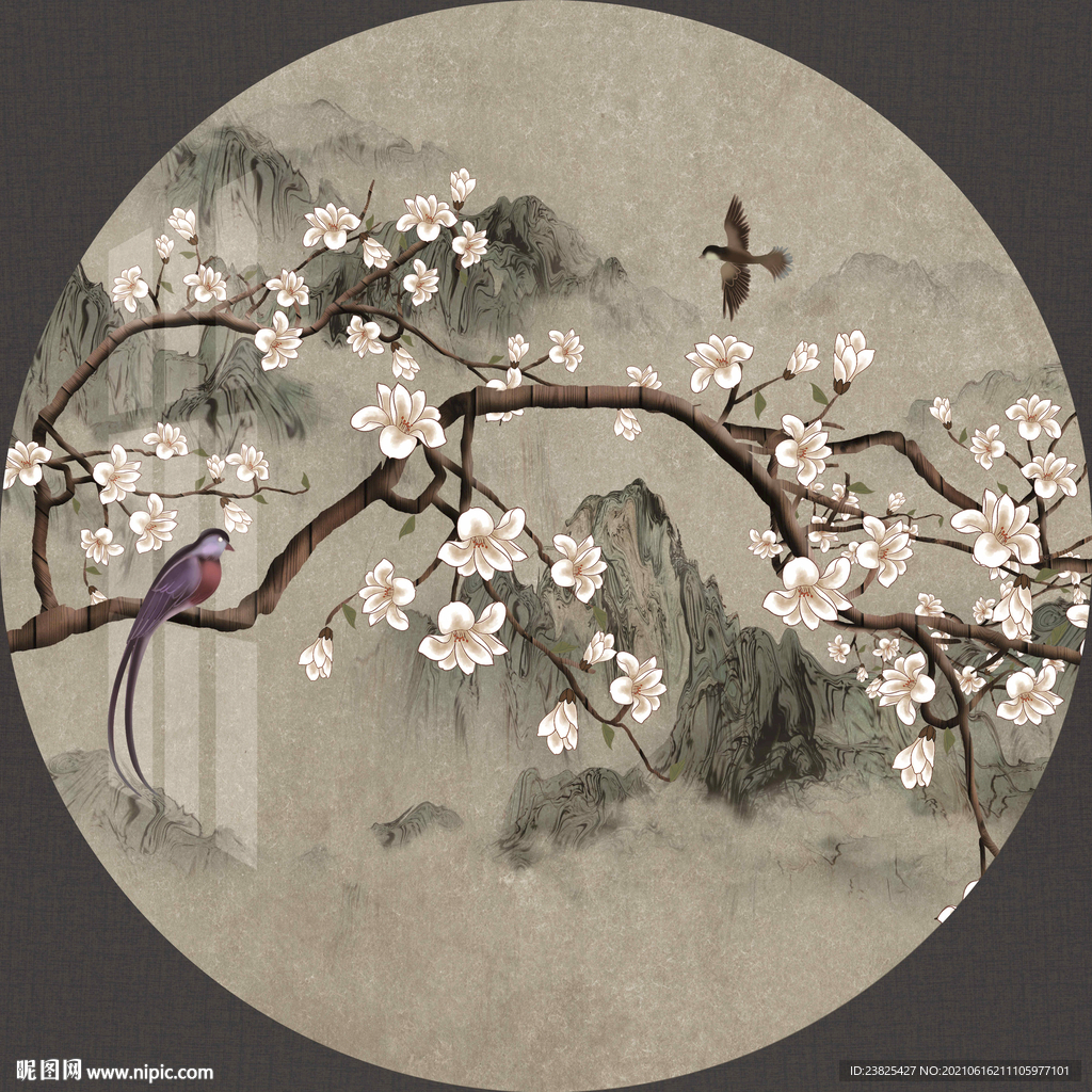 新中式手绘工笔花鸟圆形装饰画