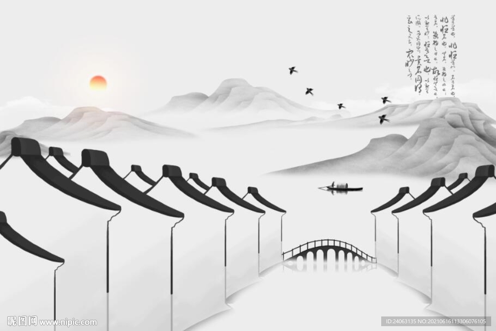 中式水墨屋檐山水情背景墙